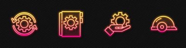 Satır Ayarları elde, dişli okları iş akışı olarak, kullanıcı kılavuzu ve işçi kaskı olarak ayarlayın. Parlayan neon ikonu. Vektör.