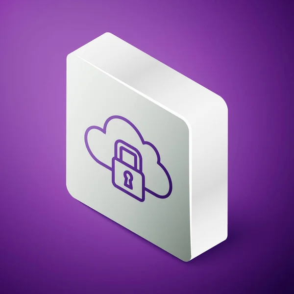 Isometrische Lijn Cloud Computing Lock Pictogram Geïsoleerd Paarse Achtergrond Beveiliging — Stockvector