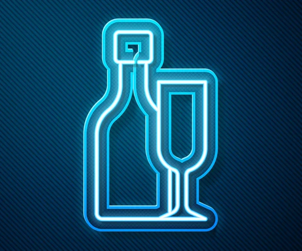 Glödande Neon Line Vinflaska Med Glas Ikon Isolerad Blå Bakgrund — Stock vektor