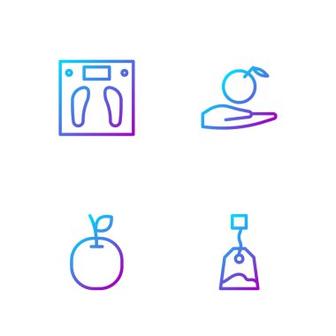 Çay poşeti, elma, banyo terazisi ve hazır. Renk simgeleri. Vektör.