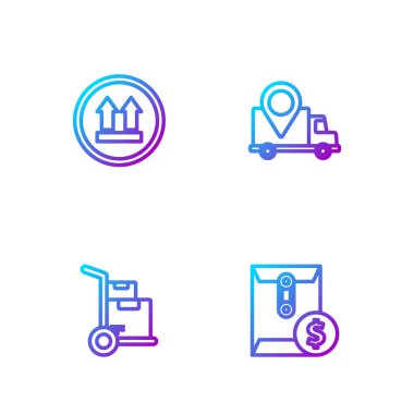 Zarfta dolar sembolü, el arabası ve kutular olsun, bu taraf yukarı ve teslimat takip etsin. Renk simgeleri. Vektör.