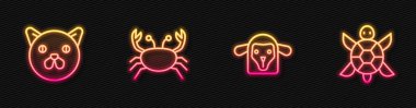 Koyun kafası, Kedi, Yengeç ve Kaplumbağa. Parlayan neon ikonu. Vektör.