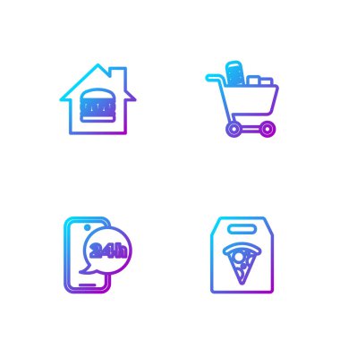 İnternetten pizza siparişi, yiyecek ve alışveriş arabası siparişi verdik. Renk simgeleri. Vektör.