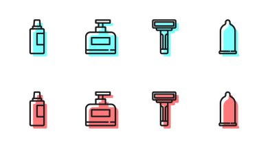 Traş bıçağı, temizlik malzemesi şişesi, şampuan ve kondom ikonu. Vektör.