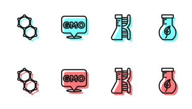 Çizgi DNA araştırması, arama, kimyasal formül, GDO ve test tüpü ve matara simgesini ayarla. Vektör.