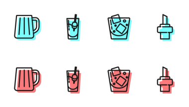 Bir bardak viski, ahşap bira bardağı, kokteyl Bloody Mary ve şarap ikonu için mantar. Vektör.