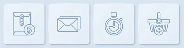 设置行信封与美元符号 和添加购物篮 白色正方形按钮 — 图库矢量图片