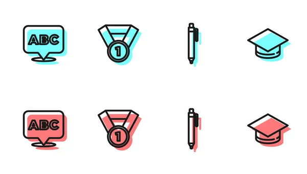 Set Line Pen Alphabet Medal Graduation Cap Icon Vector — 스톡 벡터