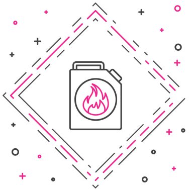 Beyaz arka planda izole edilmiş yanıcı sıvılar için çizgi kutusu. Yağ ya da biyoyakıt, patlayıcı kimyasallar, tehlikeli maddeler. Renkli taslak konsepti. Vektör İllüstrasyonu.