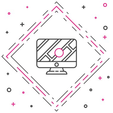 Çizgi bilgisayar monitörü ve katlanmış harita beyaz arkaplanda izole edilmiş konum imleci simgesi ile. Renkli taslak konsepti. Vektör İllüstrasyonu.