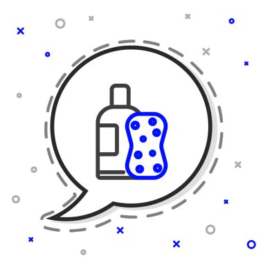 Beyaz arka planda izole edilmiş bir şişe şampuan ve sünger ikonu. Renkli taslak konsepti. Vektör İllüstrasyonu.