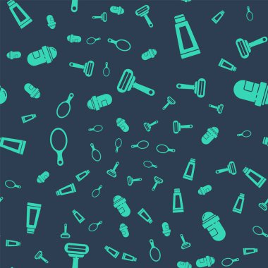 Traş bıçağı, krem ya da losyon kozmetik tüpü, el aynası ve terletici deodorant rulosunu pürüzsüz desene ayarlayın. Vektör.