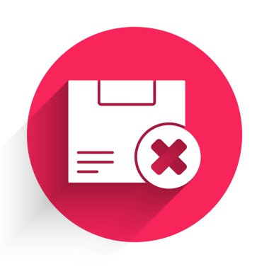 Beyaz karton karton kutu ve uzun gölgeyle izole edilmiş simgeyi sil. Kutu, paket, paket işareti. Teslimat ve ambalaj. Kırmızı daire düğmesi. Vektör İllüstrasyonu.