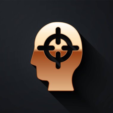 Gold, siyah arka planda izole edilmiş psikoloji ikonunda bir sorun buluyor. Uzun gölge tarzı. Vektör.