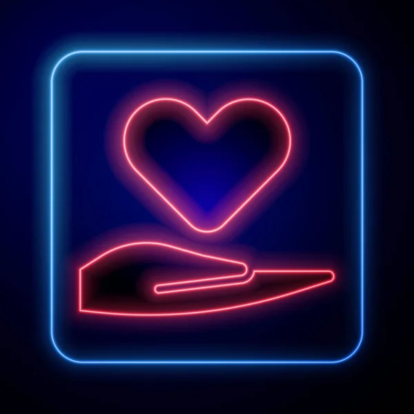 Светящееся Неоновое Сердце Руке Значок Изолирован Синем Фоне Символ Любви — стоковый вектор