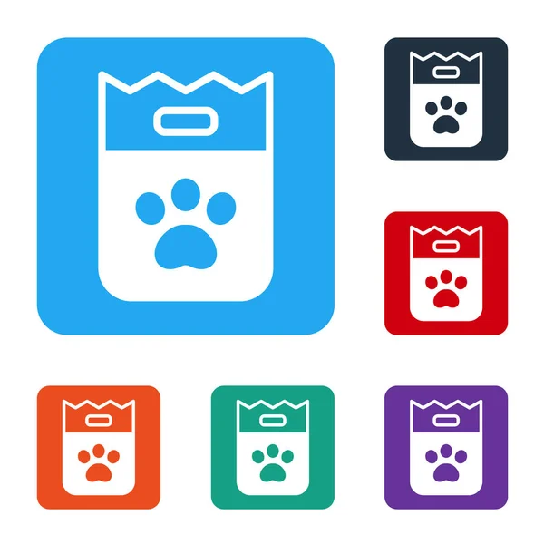 白色的食物袋为狗图标隔离在白色的背景 狗爪或猫爪印 动物的食物 宠物食品包 在彩色正方形按钮中设置图标 — 图库矢量图片