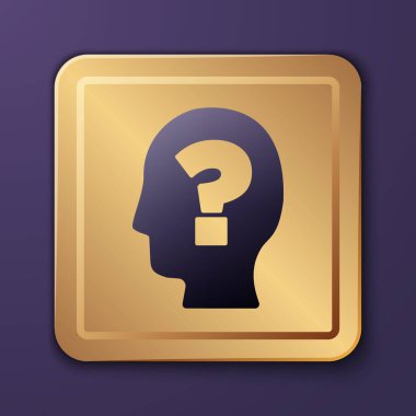 Mor arka planda soru işareti simgesi olan mor insan kafası. Altın kare düğme. Vektör.