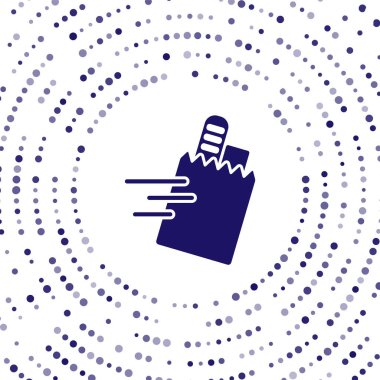 Mavi Çevrimiçi sipariş ve fast food dağıtım ikonu beyaz arka planda izole edildi. Soyut çember rastgele noktalar. Vektör.