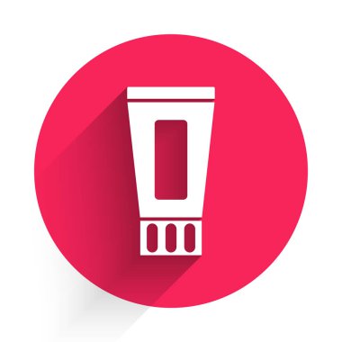 Uzun gölgeli beyaz diş macunu ikonu. Kırmızı daire düğmesi. Vektör.