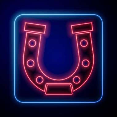 Parlayan neon renkli at nalı simgesi mavi arkaplanda izole edildi. Vektör.