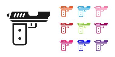 Beyaz arka planda siyah tabanca ya da silah ikonu var. Polis ya da askeri silah. Küçük ateşli silah. Simgeleri renklendirin. Vektör.