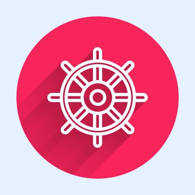 Beyaz çizgi direksiyon ikonu uzun gölgeli izole edilmiş. Kırmızı daire düğmesi. Vektör İllüstrasyonu.