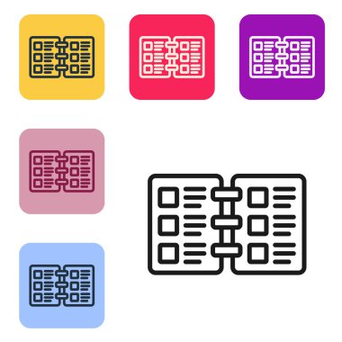 Siyah Hat Restoran Kafe menüsü simgesi beyaz arkaplanda izole edildi. Renkli kare düğmelerle simgeleri ayarla. Vektör.