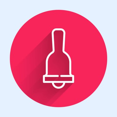 Beyaz çizgi zil ikonu uzun gölgeyle izole edildi. Alarm sembolü, servis zili, el zili işareti, uyarı sembolü. Kırmızı daire düğmesi. Vektör.