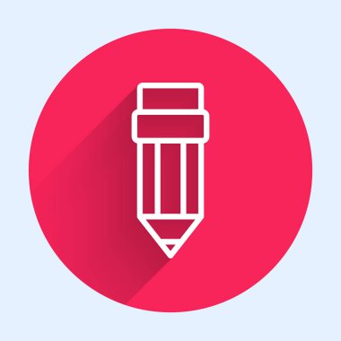 Silgi simgesi uzun gölgeli beyaz çizgi kalem. Çizim ve eğitim araçları. Okul sembolü. Kırmızı daire düğmesi. Vektör.