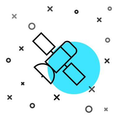 Beyaz arkaplanda siyah çizgi uydu simgesi izole edildi. Rastgele dinamik şekiller. Vektör.