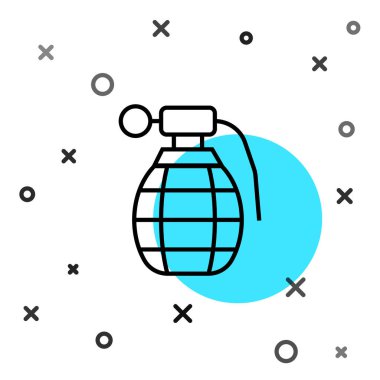Siyah çizgili el bombası ikonu beyaz arka planda izole edildi. Bomba patlaması. Rastgele dinamik şekiller. Vektör.