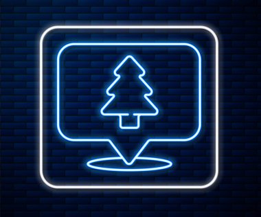 Tuğla duvar arka planında izole edilmiş bir harita ikonu üzerinde parlayan neon hattı konumu. Vektör.