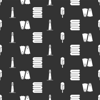 Dondurma, lastik yüzgeçler, deniz feneri ve havluları pürüzsüz desene göre dizin. Vektör.