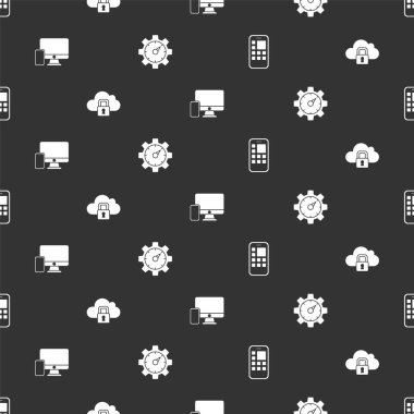 Mobil Uygulamalar, Bulut bilgisayar kilidi, Monitör ve mobil ve web sitesi istatistiklerini kusursuz desen üzerine ayarla. Vektör.