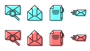 Satır Belgesi ve Kalem, Büyüteçle Zarf, Giden Posta ve Ekspres zarf simgesini ayarla. Vektör.