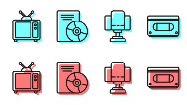 Yönetmen, film koltuğu, Retro TV, CD veya DVD diski ve VHS video kaset ikonunu ayarla. Vektör.