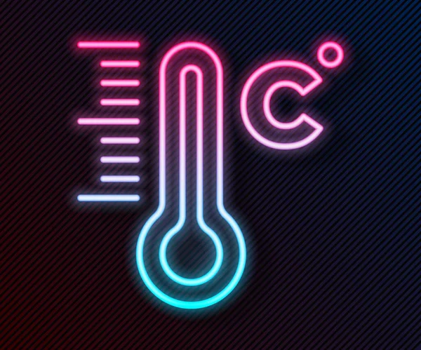 Gloeiende Neon Lijn Meteorologie Thermometer Meten Pictogram Geïsoleerd Zwarte Achtergrond — Stockvector