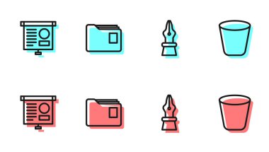 Çeşme kalem ucunu, diyagramlı tebeşir tahtasını, belge klasörünü ve çöp kutusu simgesini ayarla. Vektör.