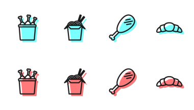 Tavuk budu, paket kutusunda, Asya eriştesi, çubuk ve kruvasan ikonu. Vektör.