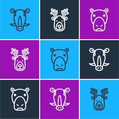 Yaban domuzu kafası, su aygırı ya da su aygırı ve geyik boynuzları simgesi. Vektör.