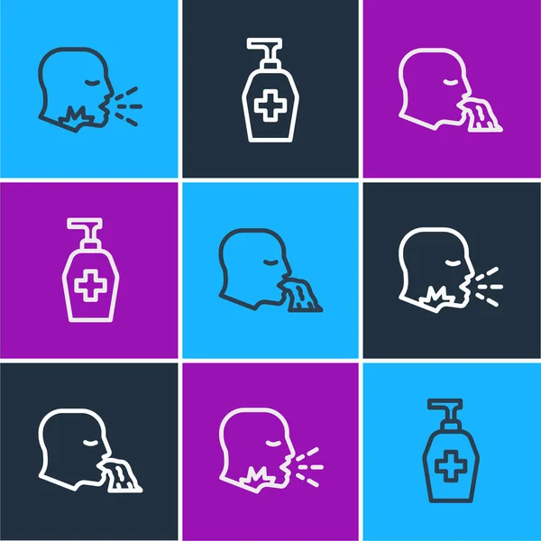 Set Line Man Coughing Vomiting Man Liquid Antibacterial Soap Icon — Stock Vector
