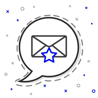 Beyaz arkaplanda izole edilmiş yıldız simgesine sahip çizgi zarfı. Önemli bir e- posta, favori simgeye ekle. Başrolde mesaj var. Renkli taslak konsepti. Vektör İllüstrasyonu.