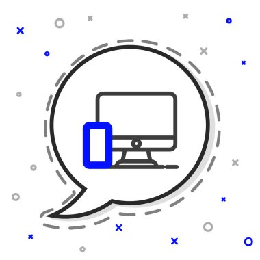 Hat Bilgisayar monitörü ve cep telefonu simgesi beyaz arkaplanda izole edildi. İnternetten kazanç, pazarlama. Renkli taslak konsepti. Vektör.