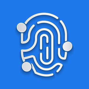 Kağıt kesiği Parmak izi simgesi mavi arkaplanda izole edildi. Kimlik uygulaması simgesi. Kimlik işareti. Kimliğe dokun. Kağıt sanatı tarzı. Vektör.