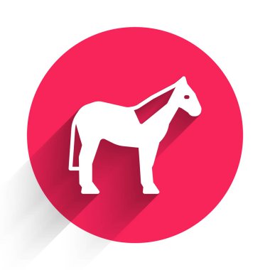 Beyaz At simgesi uzun gölgelerle izole edilmiş. Hayvan sembolü. Kırmızı daire düğmesi. Vektör.