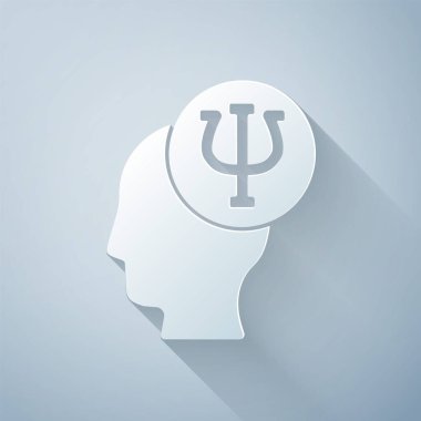 Kağıt kesiği, gri arka planda izole edilmiş Psikoloji ikonu. Psi sembolü. Akıl sağlığı konsepti, psikanaliz analizi ve psikoterapi. Kağıt sanatı tarzı. Vektör.