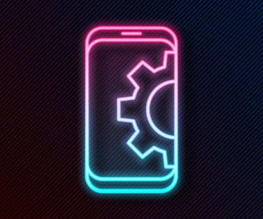 Akıllı telefon simgesinde parlayan neon hattı ayarları siyah arkaplanda izole edildi. Ayarlama, servis, ayar, bakım, onarım, onarım. Vektör İllüstrasyonu.
