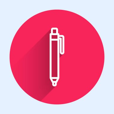 Beyaz çizgi kalem simgesi uzun gölgeli. Kırmızı daire düğmesi. Vektör.