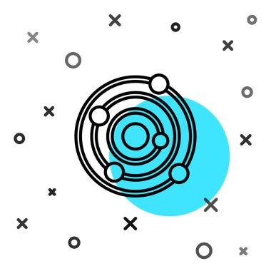 Siyah çizgi güneş sistemi simgesi beyaz arkaplanda izole edildi. Gezegenler yıldızın etrafında dönerler. Rastgele dinamik şekiller. Vektör.