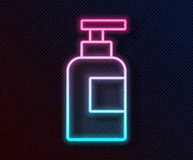 Siyah arkaplanda parlayan neon hattı şampuan ikonu. Vektör.